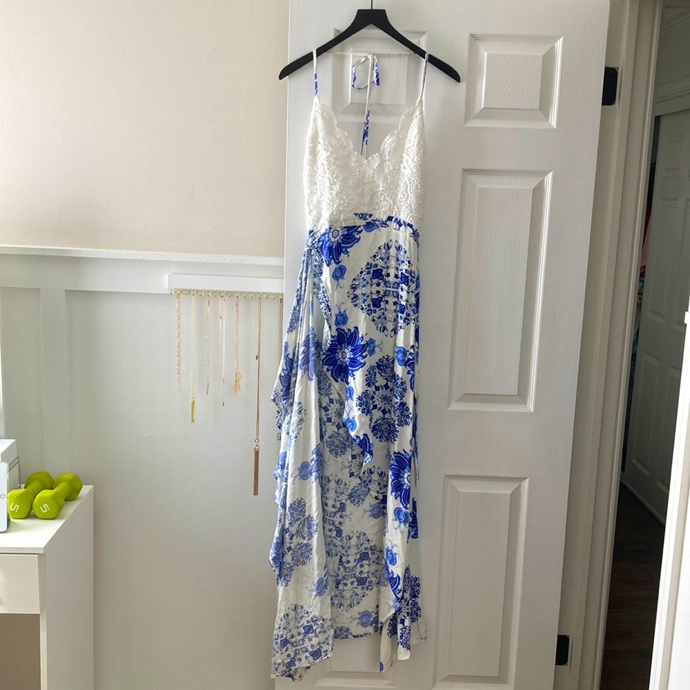 Luxxel blue and white print, high low halter wrap dress